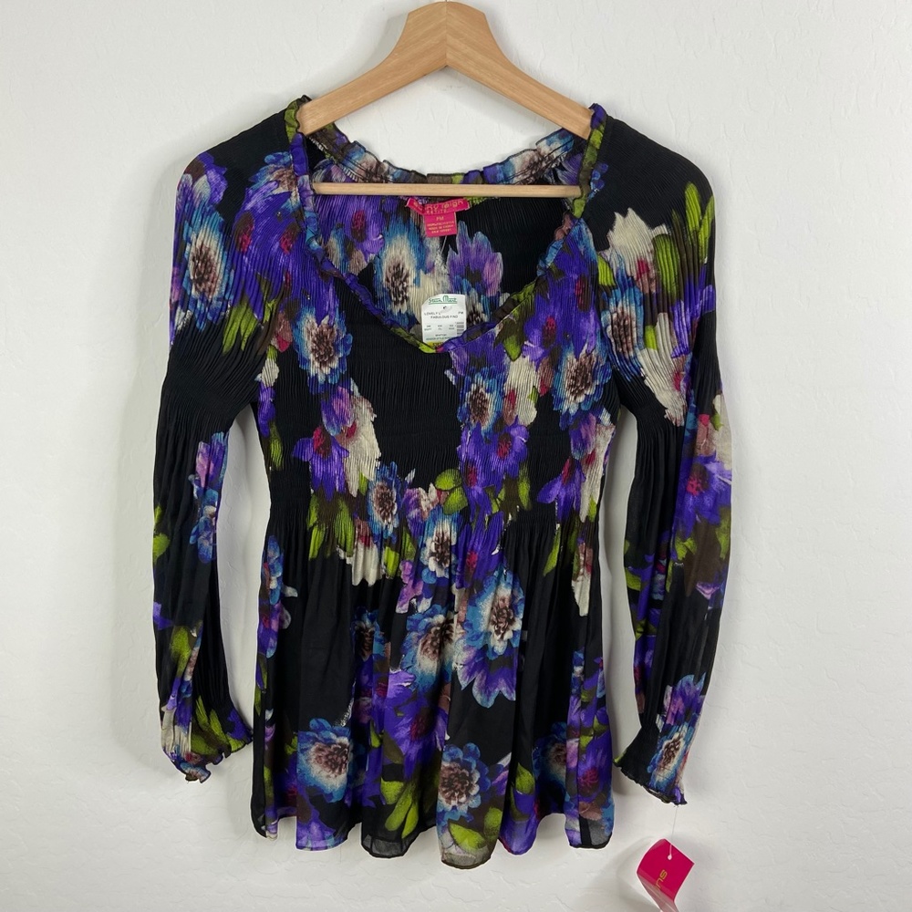 Women’s Floral Long-Sleeve Peasant Blouse - Black & Purple